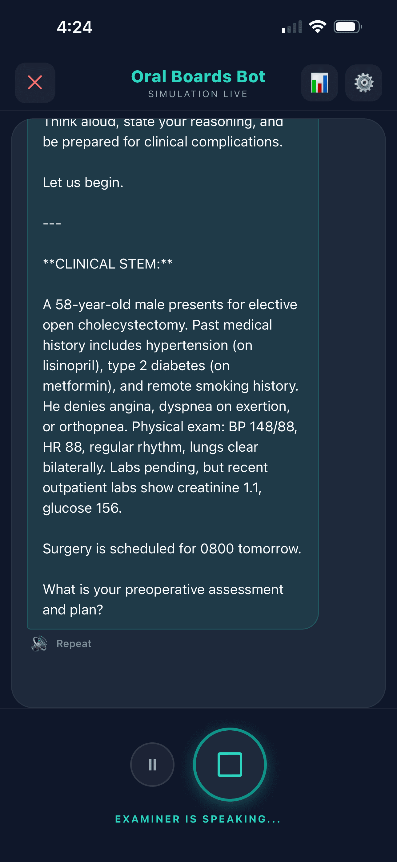 A live session in Boards Bot — the examiner asks a clinical question and the candidate responds by voice.