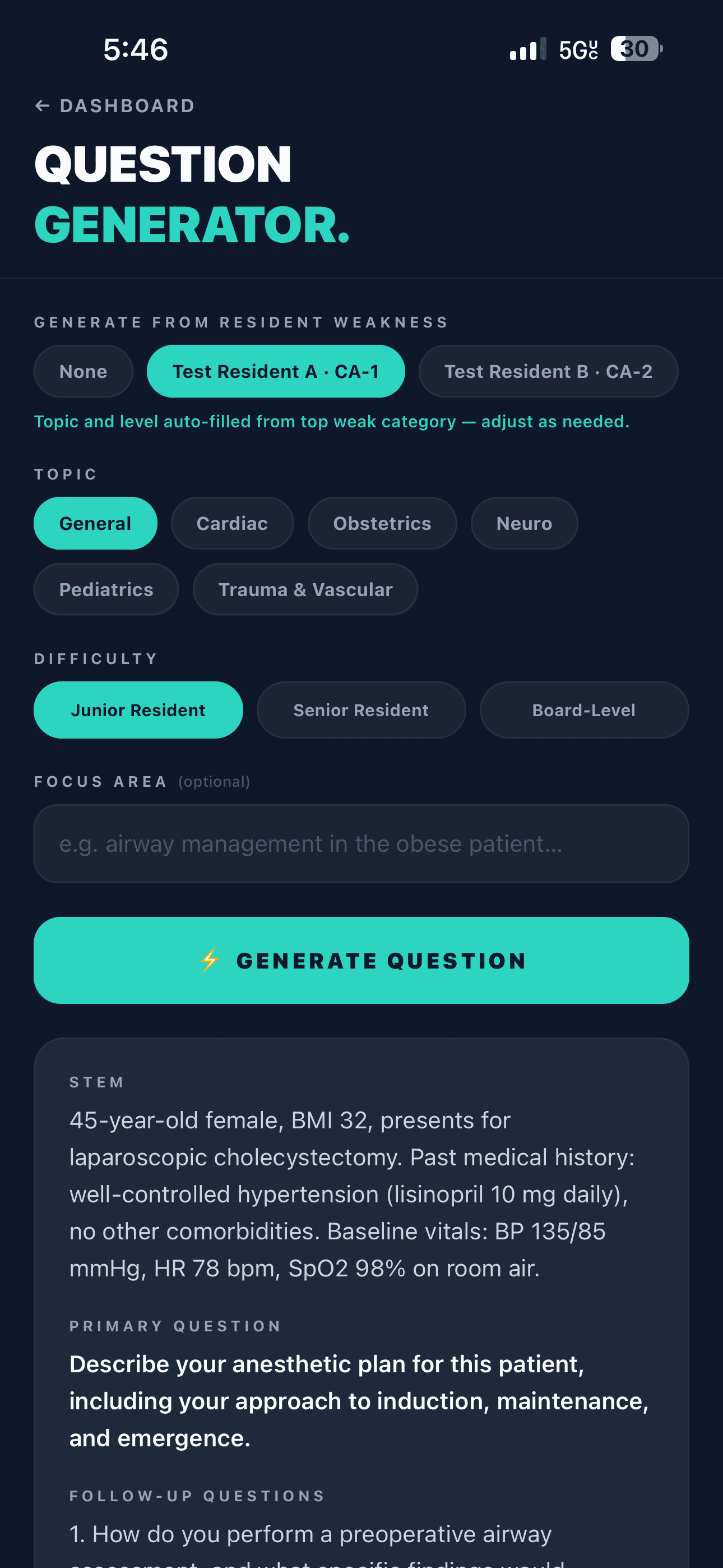 Question generator — select a resident and difficulty, generate a targeted case